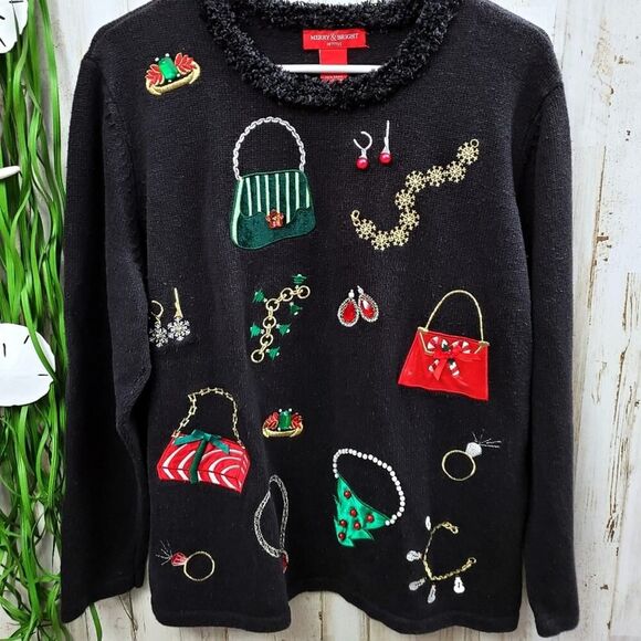 Merry & Bright Embellished Holiday Sweater Black XL Petite - Picture 7 of 7